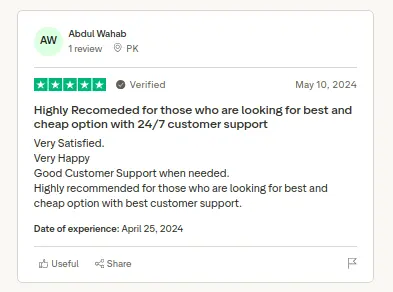 Trustpilot review screenshot by Abdul Wahab Khan praising Hoster.pk support and value